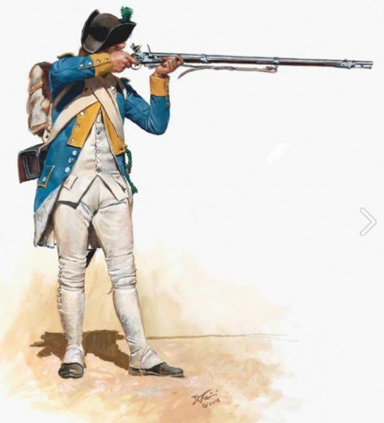 French Chasseur (Light Infantry) of the 104th Royal Deux-Ponts Regiment as he would have appeared in 1781 at the siege of Yorktown, Virginia.<br />Source: https://www.facebook.com/Don-Troiani-Historical-Artist-104952196246190/