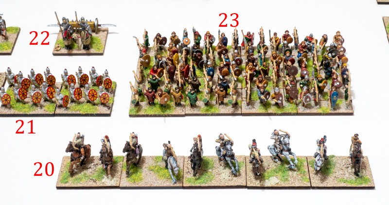 Late_Imperial_Roman_07.jpg (538.13 KiB) 5556 mal betrachtet 20. Hunnic mercenaries, Irr LH (S). 21. Legionarii with heavy clubs, Reg Bd (X). 22. Currus drepanus, Irr Exp (O). 23. Gothic foot, Irr Wb (O).