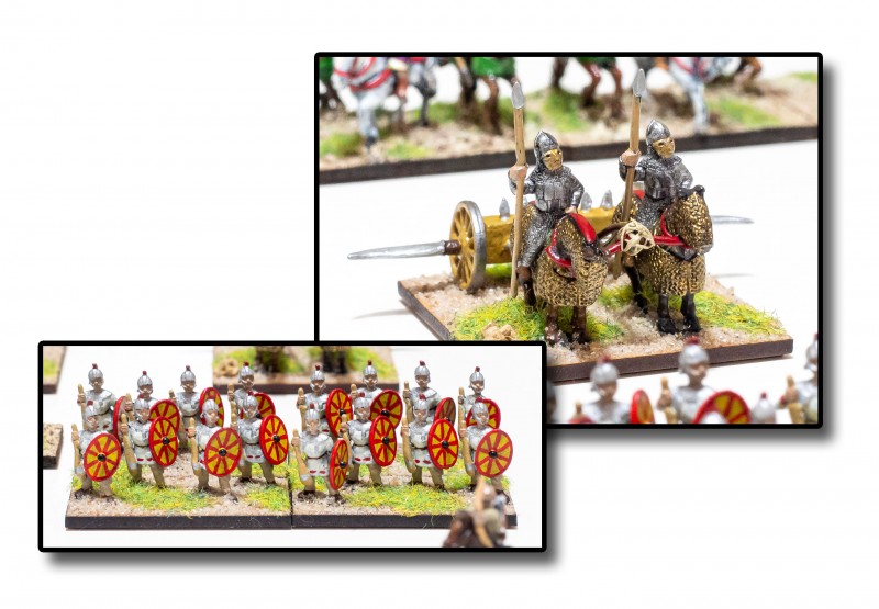 Late_Imperial_Roman_09.jpg (810.9 KiB) 5556 mal betrachtet Für die "Legionarii with heavy clubs" habe ich die vorhandenen Speere gekürzt und aus Greenstuff die Keulen modelliert. Den exotischen "Currus drepanus", ein Art Sichelstreitwagen, der wie ein Pflug gezogen wird, habe ich aus diversen Teilen selbst gebaut, da kein Hersteller sowas anbietet.