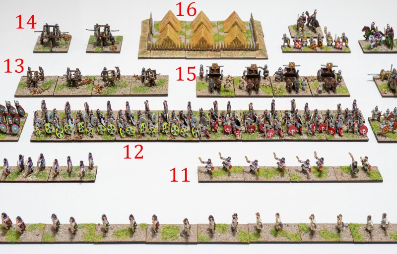 11. Skirmishers, Reg Ps (O) oder (S). 12. Legionarii mit Legionary archers in dritter Reihe, Reg Bd (O) + Reg Ps (O). 13. Bolt shooters, Reg Art (O). 14. Stone throwers, Reg Art (S). 15. Bolt shooters auf Karren, Reg Art (F). 16. Das Lager mit Palisade.