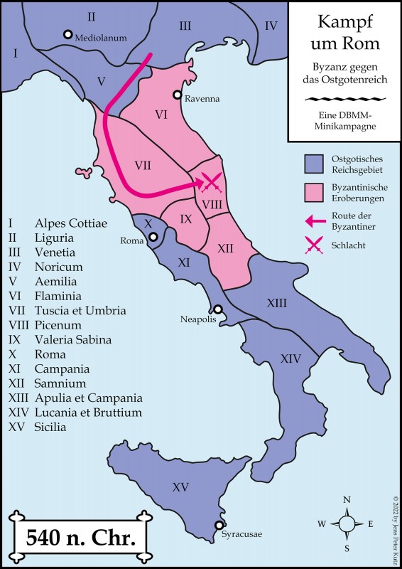 In der Schlacht in der Provinz Picenum erringen die Byzantiner einen großen Sieg über die ostgotische Armee - infolgedessen entreissen sie dem Reich der Ostgoten fünf Provinzen.