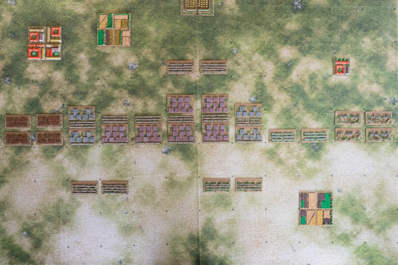 Strength_and_Honour_Roman_Army_02.jpg (1.14 MiB) 2033 mal betrachtet Die Truppen von links nach rechts: Vier Basen Kavallerie, zwei Basen Auxiliartruppen, sechs Basen von je einer Legion, zwei Basen Auxiliartruppen, zwei Basen massierte Bogenschützen, vier Basen leichte Kavallerie. (Die Auxiliartruppen und Legionen sind mit schmalen Linien leichtbewaffneter vor bzw. Reservelinien hinter den Einheiten ausgestattet.) Vor der Schlachtlinie stehen links zwei Basen mit Plänklern, rechts zwei Basen speziell mit Schleuderern. Hinter der Linie stehen nochmal zwei Basen mit Plänklern; dainter, ganz am oberen Tischrand, liegt das Marschlager.