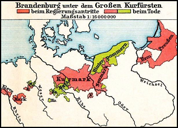Brandenburg-Preußen von 1640 (rot) und 1688 (rot und grün),<br />aus: Putzgers Historischer Schul-Atlas, 1905