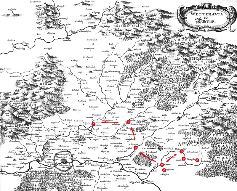 Die Landkarte stammt eigentlich von Matthäus Merian von 1655, aber sie eignet sich ganz gut, da die Orte und Ortsnamen sich innerhalb der 250 Jahre nicht so arg verändert haben. Ich habe die einigermaßen gesicherten Schauplätze eingetragen. Die Routenpfeile sind spekulativ.